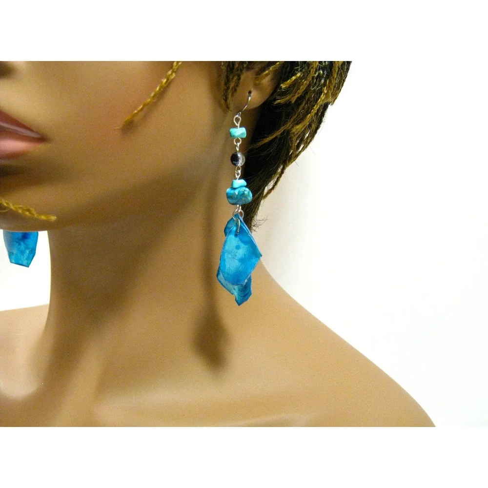 Genuine Turquoise Gemstone Blue Feather style Acrylic Long Drop Earrings 3 inch